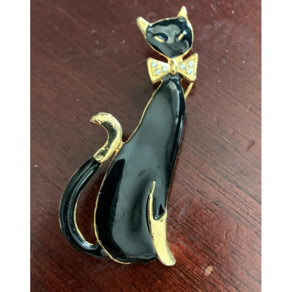 Vintage Black Enamel and‎ Gold Cat Brooch Good Condition
